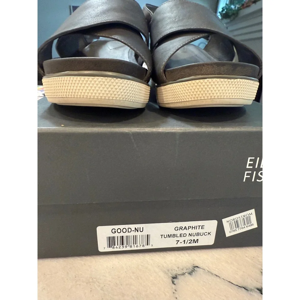 Eileen Fisher Graphite Nubuck Platform Sandals Wedge 7.5M Grey Comfort